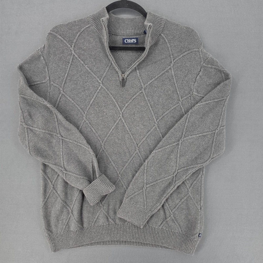 Chaps Mens Gray Diamond Cable Knit Quarter Zip Cotton Sweater XL